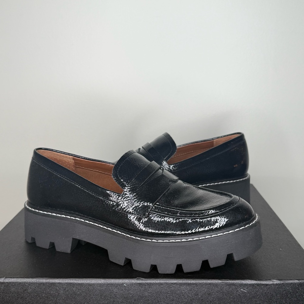 Franco Sarto Black Patent Lug Sole Penny Loafers